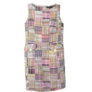 Brooks Brothers Shift Dress-Sz 0-Patchwork Plaid Pink Cotton Madras Flap Pocket